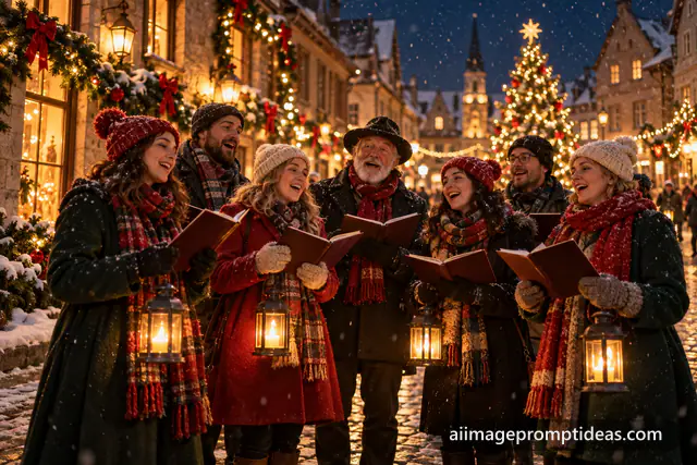 Carolers in scarves singing with lanterns on a snowy old town street at night, AI generated