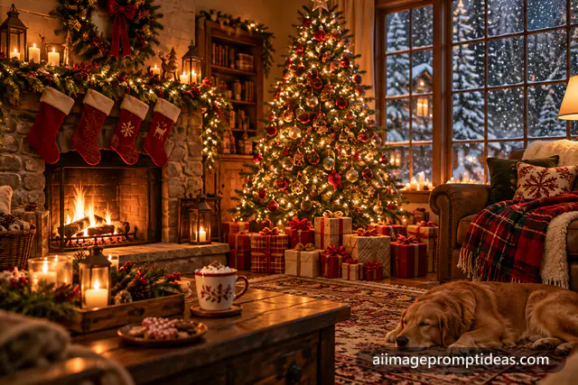 Cozy living room with a glowing fireplace, decorated Christmas tree and wrapped gifts, AI generated