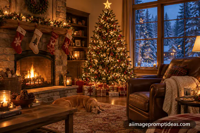 Cozy living room on Christmas Eve with a decorated tree, glowing fireplace, gifts and snow outside, AI generated