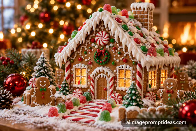 Gingerbread house with icing snow and candy decorations glowing on a festive table, AI generated