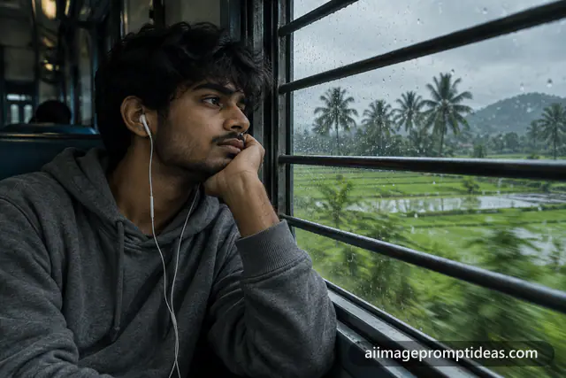 Young man in a hoodie looking out of a rainy train window at green fields in the monsoon, AI generated