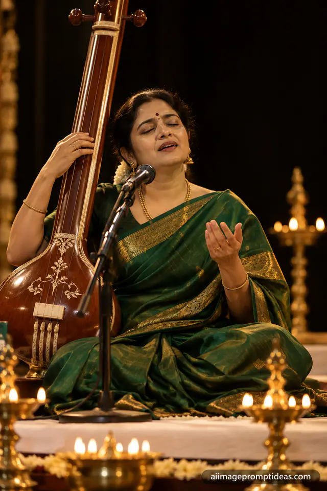 Indian classical singer in a green saree singing with a tanpura on a lamp-lit stage, AI generated