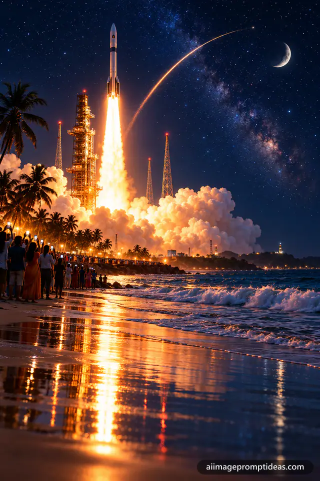 Futuristic rocket launching from a seaside spaceport at night with palm trees, AI generated