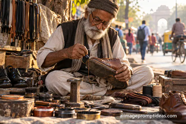 Elderly street cobbler stitching a leather shoe at his roadside stall in morning light, AI generated