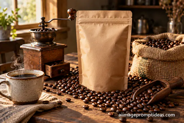 Kraft coffee bag with spilled roasted beans, a hand grinder and black coffee on rustic wood, AI generated