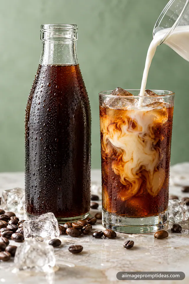 Glass bottle of cold brew coffee beside an iced glass with milk swirling in, AI generated