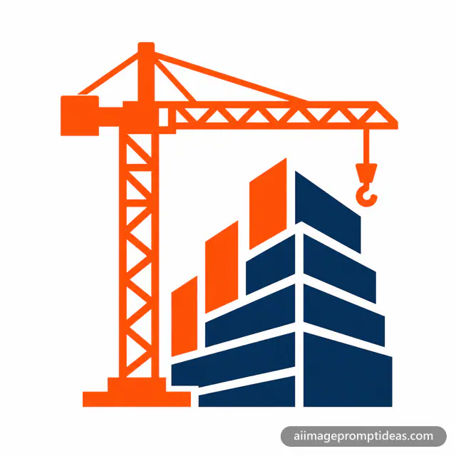 Minimal construction company logo of a tower crane beside a rising geometric building, AI generated