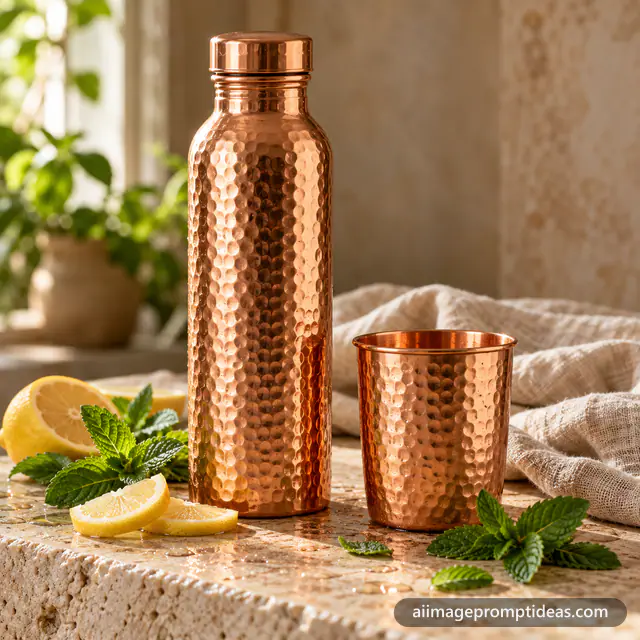 Hammered copper water bottle and tumbler on stone with mint and lemon, AI generated