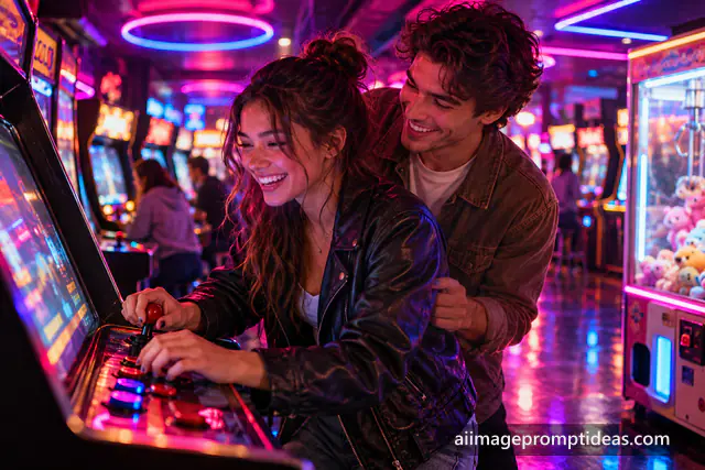 Couple laughing while playing an arcade game under neon lights, AI generated