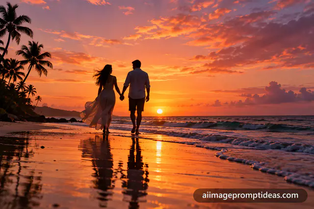 Silhouette of a couple holding hands on a beach at sunset with glowing reflections, AI generated