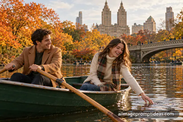 Couple in a rowboat on a Central Park lake surrounded by autumn trees, AI generated