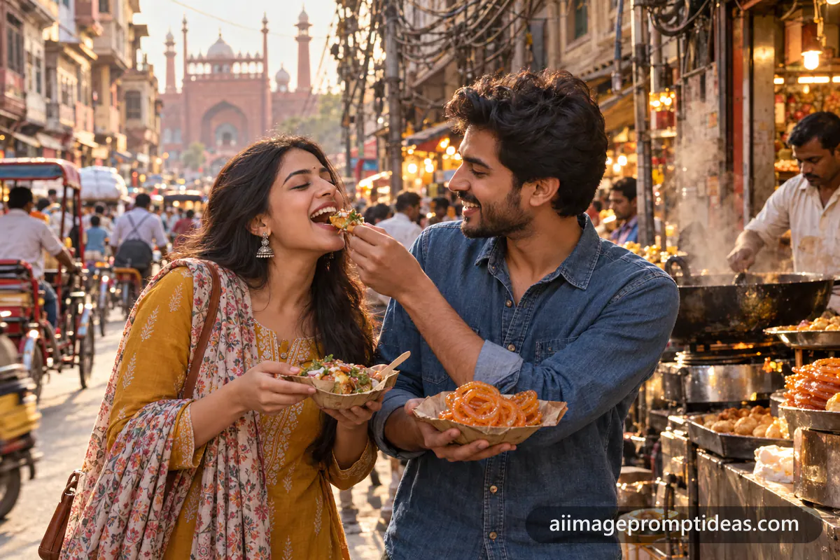 Couple sharing chaat and jalebi in a busy Chandni Chowk lane, AI generated