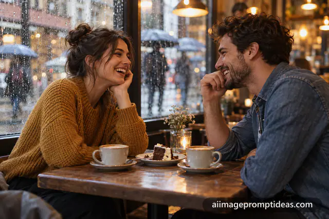 Couple laughing over coffee and cake at a cafe window table on a rainy day, AI generated