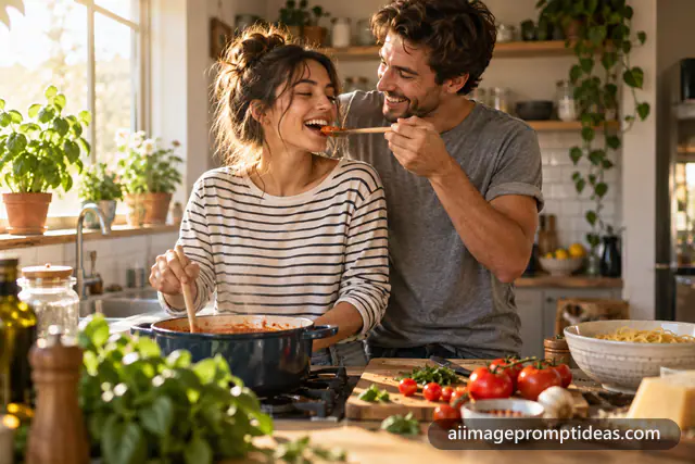 Young couple laughing while cooking together in a sunlit home kitchen, AI generated