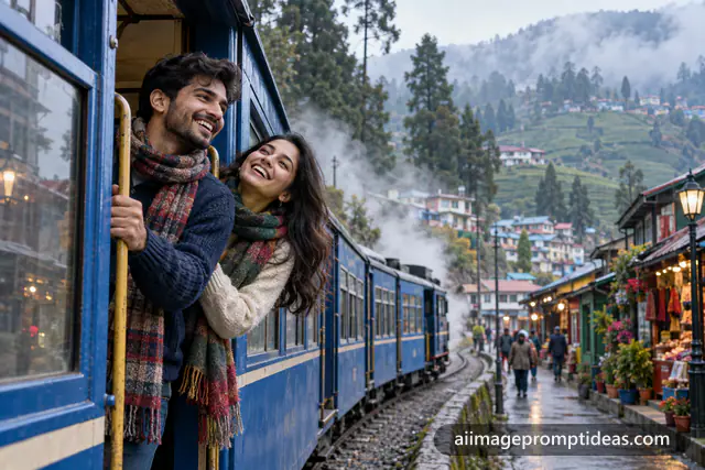 Couple leaning out of the blue Darjeeling toy train in a misty hill town, AI generated