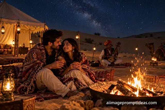 Couple wrapped in a shawl by a bonfire at a desert camp at night, AI generated