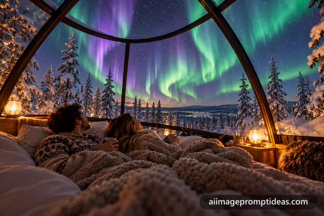 Couple in a glass igloo watching green northern lights in Lapland, AI generated
