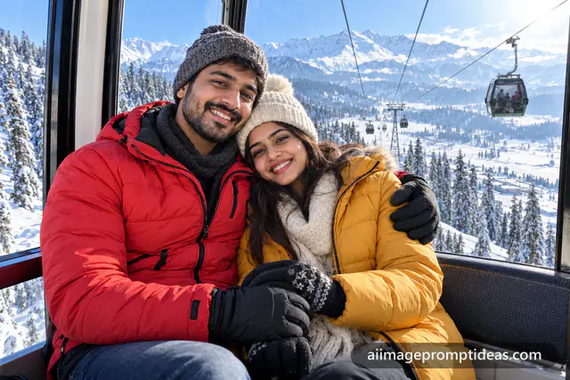 Couple in snow jackets inside a gondola above snowy Gulmarg slopes, AI generated