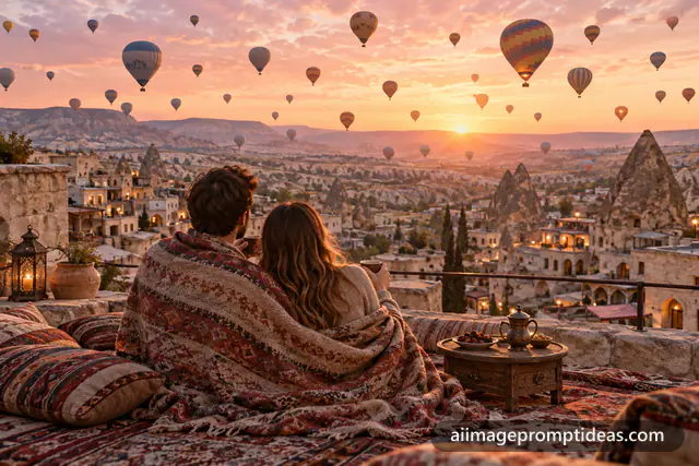 Couple on a rooftop terrace watching hundreds of hot air balloons over Cappadocia at sunrise, AI generated