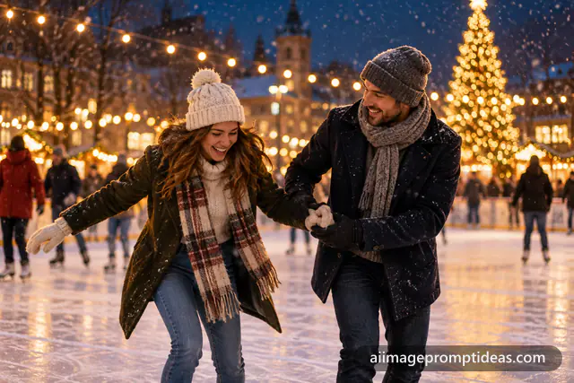 Couple laughing while ice skating hand in hand under string lights and falling snow, AI generated