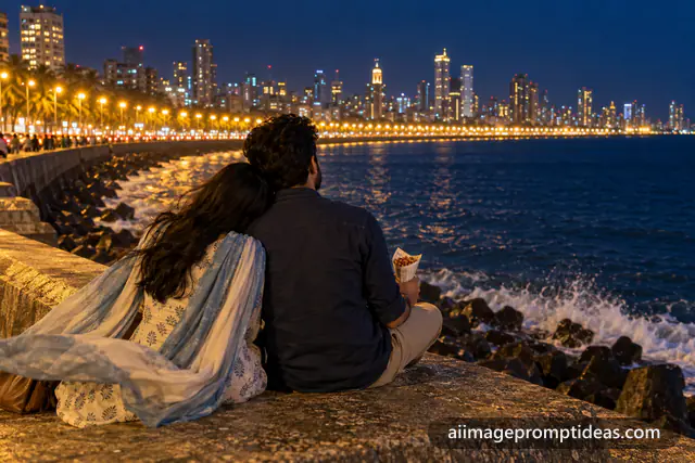 Indian couple sitting on the Marine Drive sea wall at night, AI generated