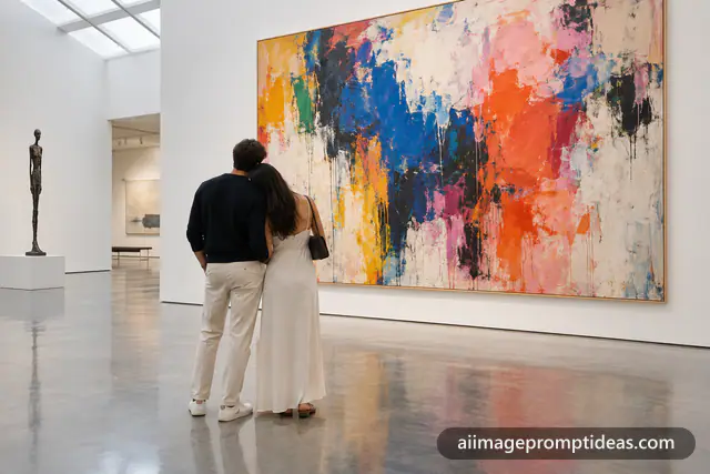 Couple admiring a large abstract painting in a modern art gallery, AI generated