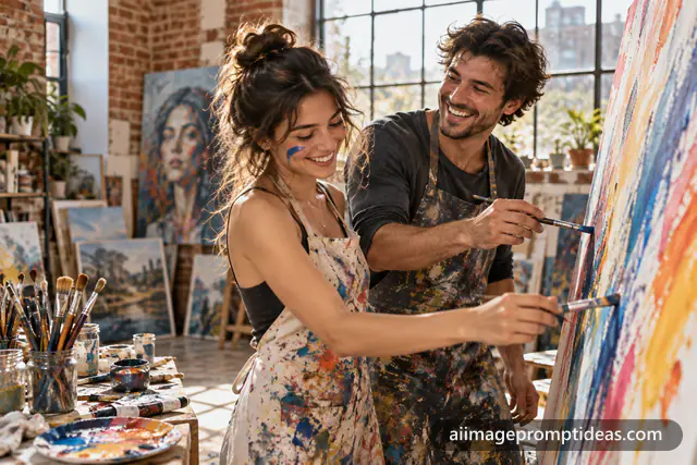 Couple in aprons laughing while painting on one large canvas in a sunlit art studio, AI generated