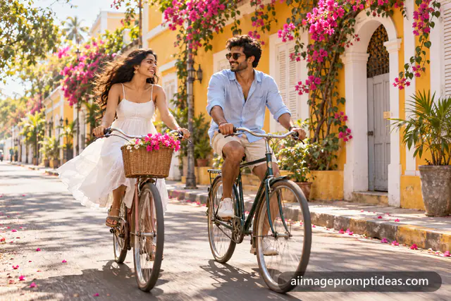 Couple cycling past yellow colonial walls and bougainvillea in Pondicherry, AI generated