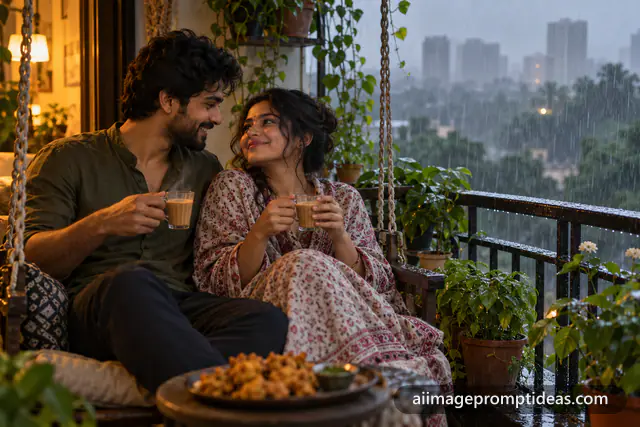 Couple sharing masala chai and pakoras on a balcony swing during monsoon rain, AI generated