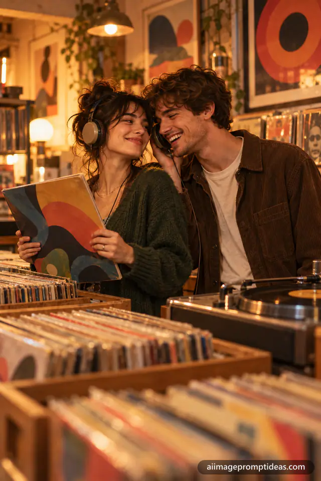 Couple sharing headphones while browsing vinyl records, AI generated