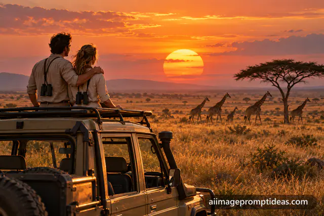 Couple in a safari jeep watching giraffes in the Serengeti at sunset, AI generated