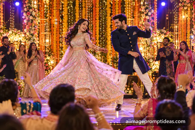 Bride in a pastel lehenga and groom in a bandhgala dancing on stage at their sangeet, AI generated