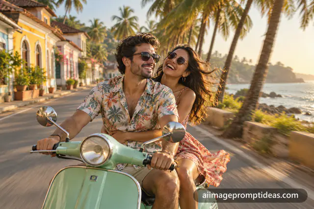 Laughing couple riding a mint green vintage scooter on a palm-lined Goa road, AI generated