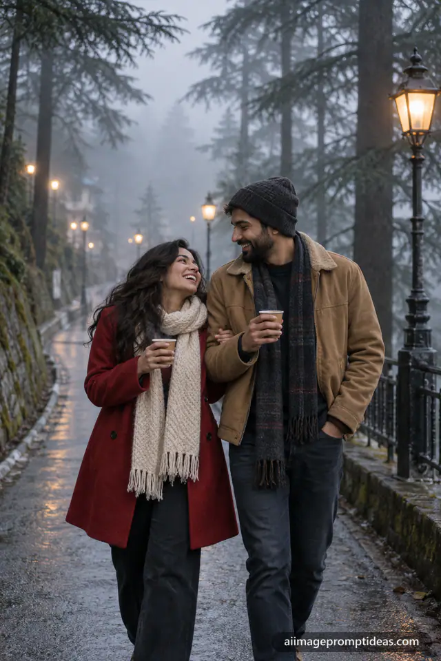 Couple in winter coats laughing with cups of chai on a foggy hill road with pine trees and lamps, AI generated
