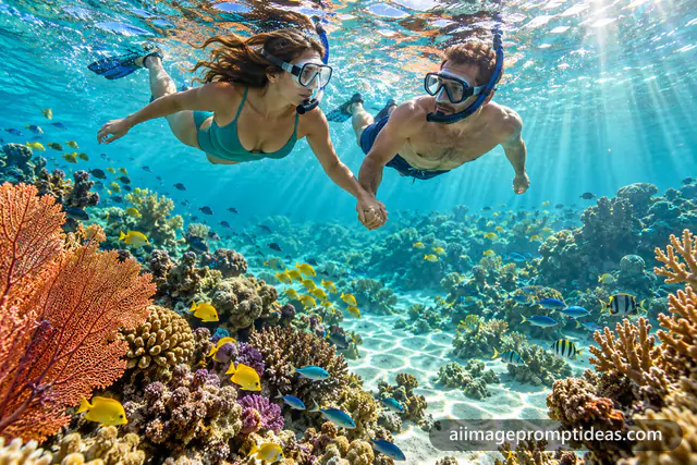 Couple snorkeling hand in hand over a colorful coral reef, AI generated