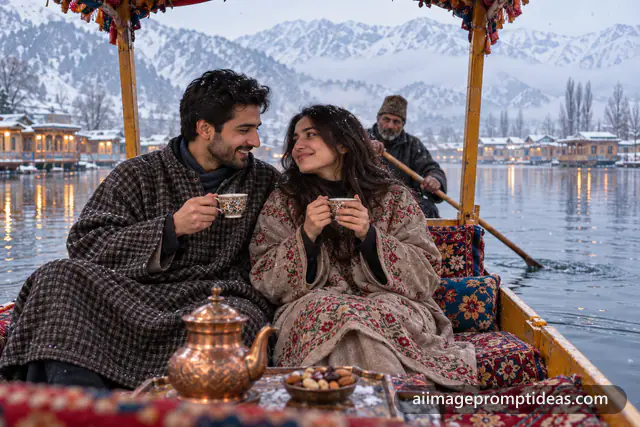 Couple in pherans on a shikara on Dal Lake with snowy mountains and houseboats, AI generated