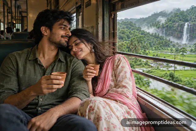 Couple sharing chai by an Indian train window with green hills outside, AI generated