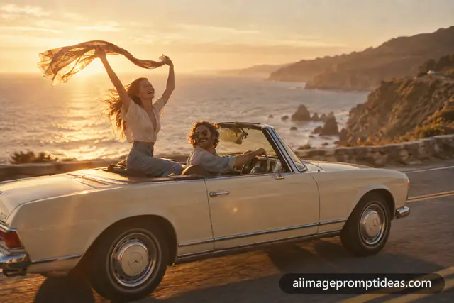 Couple laughing in a cream vintage convertible on a coastal road at sunset, AI generated