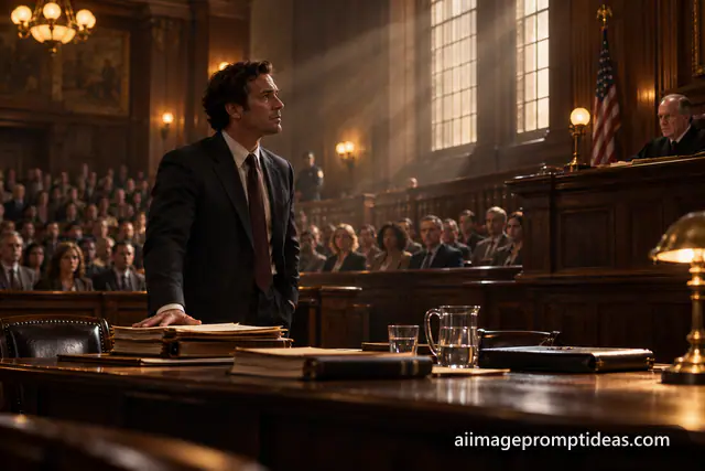 Lawyer standing in a wood-panelled courtroom with dramatic window light, AI generated