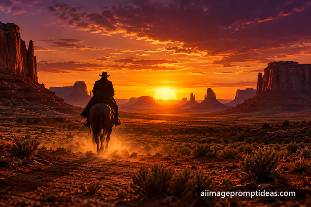 Lone cowboy on horseback riding toward a huge orange sunset between desert mesas, AI generated