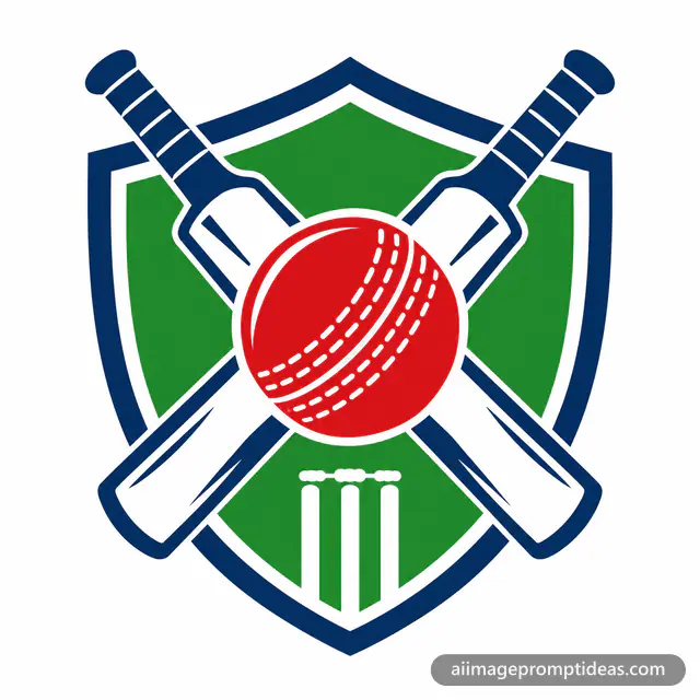 Flat vector cricket academy logo with crossed bats and ball in a shield, AI generated