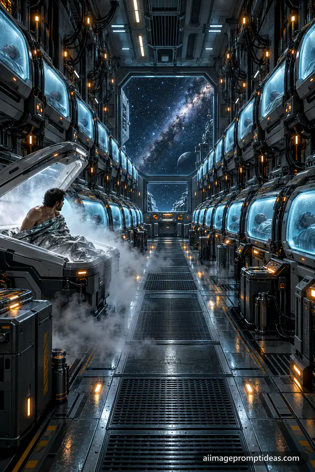Rows of glowing blue cryosleep pods in a starship bay with one opening, AI generated