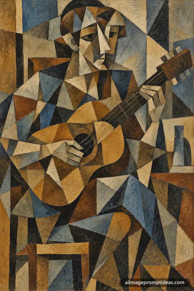 Cubist oil painting of a seated musician playing guitar in angular geometric planes, AI generated