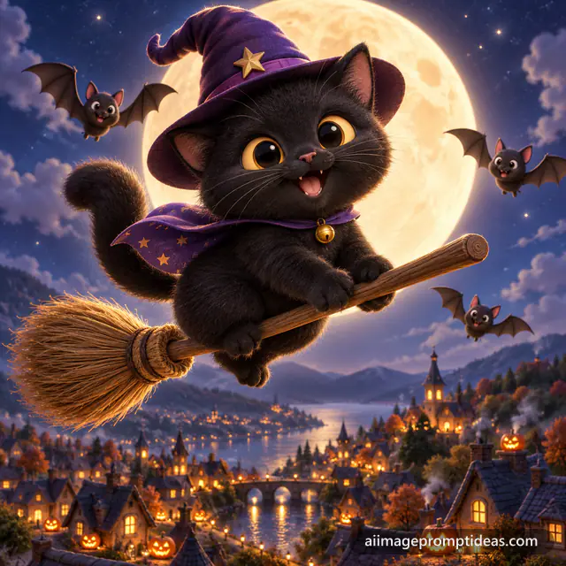 Cute 3D black kitten in a witch hat riding a broom past a full moon with bats, AI generated