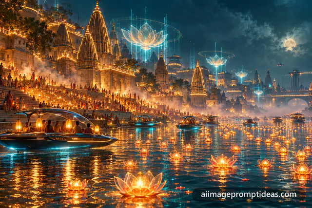 Futuristic Varanasi ghats at night with glowing temples, hover boats and floating neon diyas, AI generated