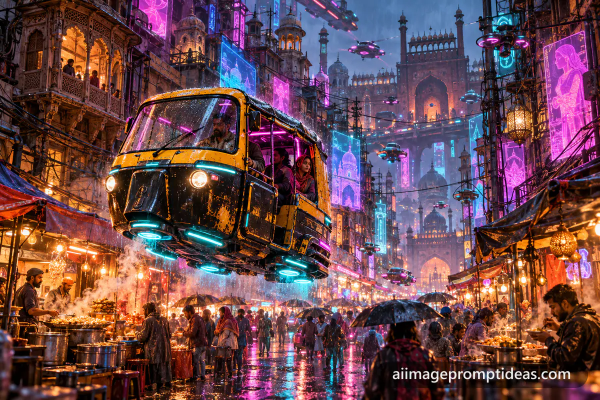 Hovering neon auto rickshaw floating through a rainy cyberpunk old Delhi street with holograms, AI generated