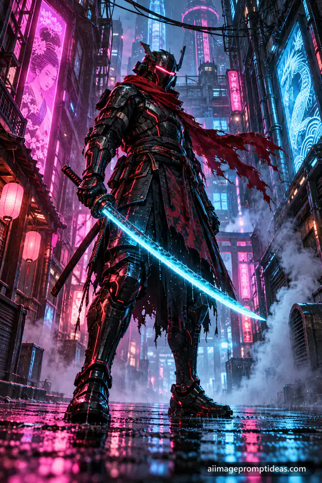 Cyberpunk samurai in black and red armor holding a glowing cyan katana in a rainy neon alley, AI generated