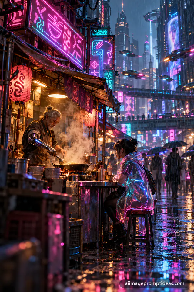 Cyberpunk street food stall at night with neon signs, rain, steam and a cook with a robotic arm, AI generated
