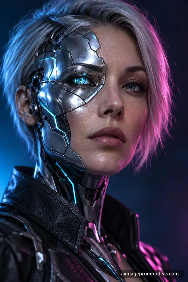 Cyborg woman portrait with chrome face panels and glowing cyan circuit lines, AI generated