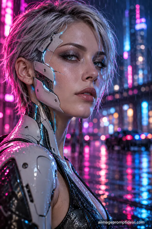 Adult woman cyborg with white cybernetic face panels and glowing circuits in neon light, AI generated